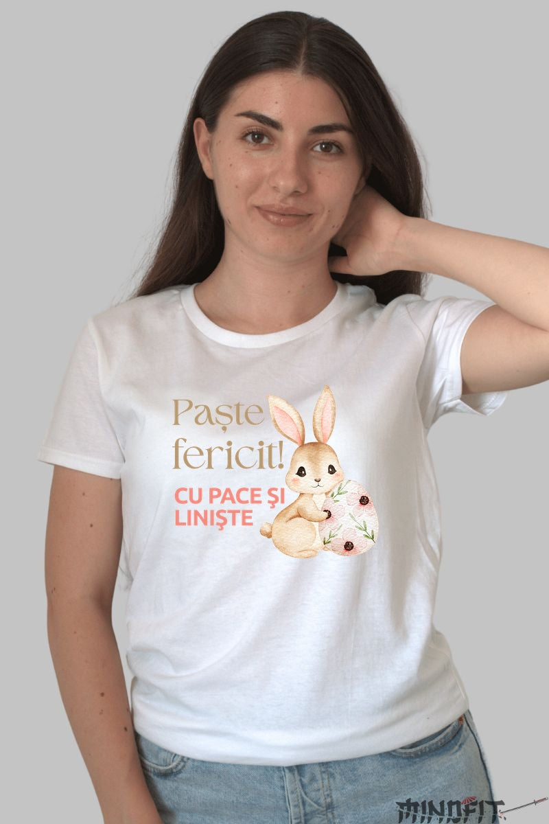 Tricou Paste Fericit - Iepuras Aducator De Pace Si Liniste Dama Alb