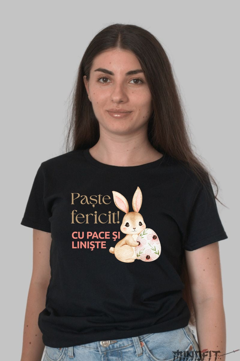 Tricou Paste Fericit - Iepuras Aducator De Pace Si Liniste Dama Negru