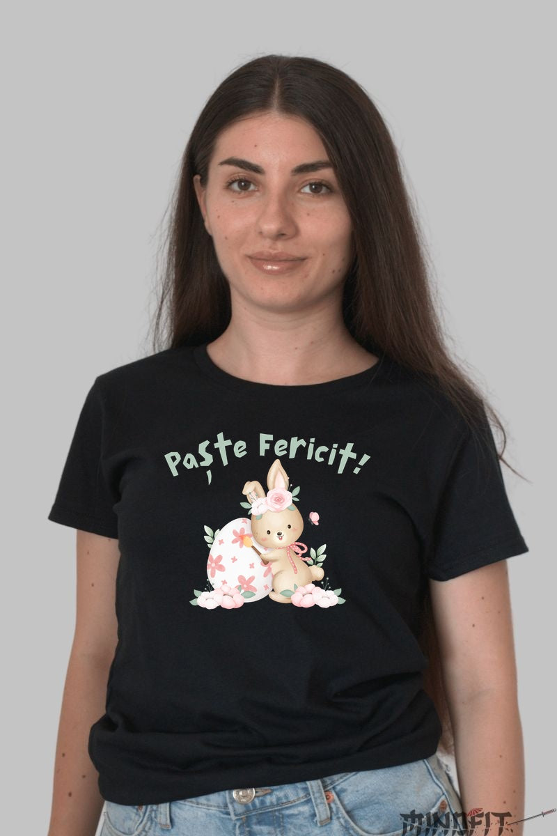 Tricou Paste Fericit - Iepuras Care Picteaza Ouale Dama Negru