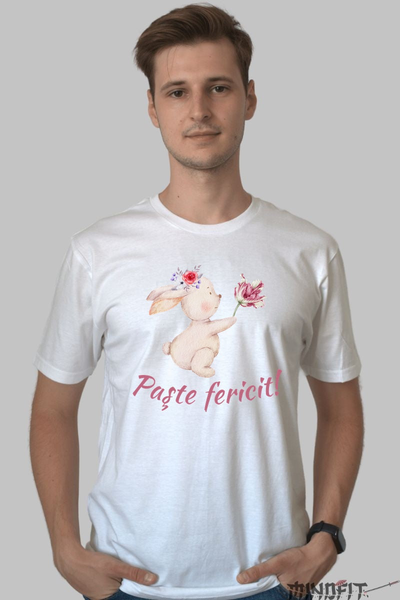 Tricou Paste Fericit - Iepuras Ce Daruieste Flori Barbat Alb