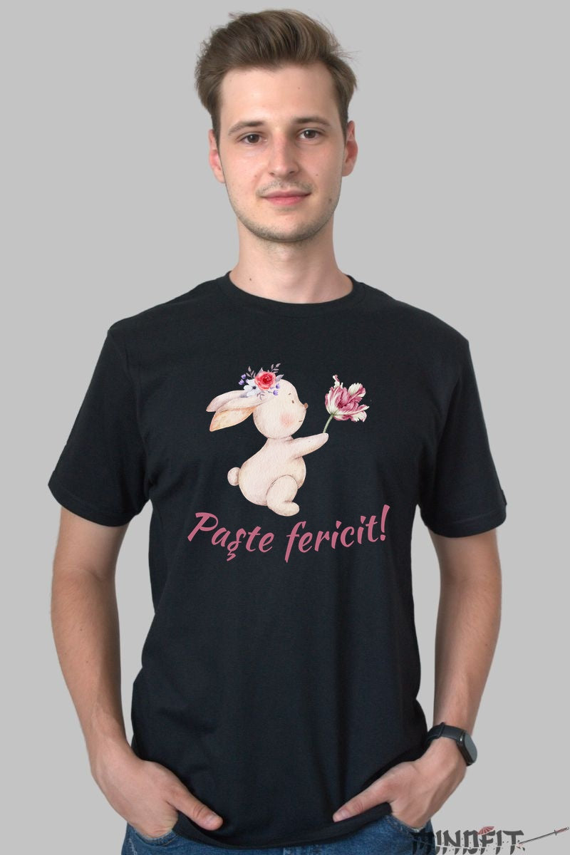 Tricou Paste Fericit - Iepuras Ce Daruieste Flori Barbat Negru