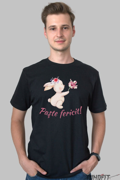 Tricou Paste Fericit - Iepuras Ce Daruieste Flori Barbat Negru