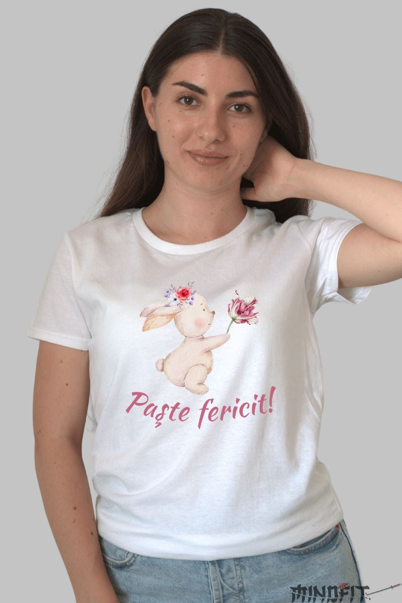 Tricou Paste Fericit - Iepuras Ce Daruieste Flori Dama Alb