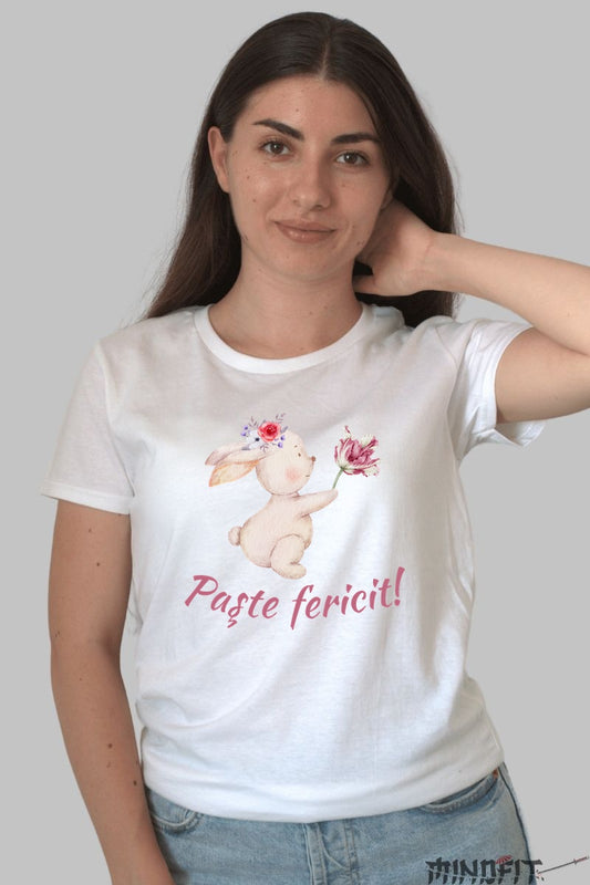Tricou Paste Fericit - Iepuras Ce Daruieste Flori Dama Alb