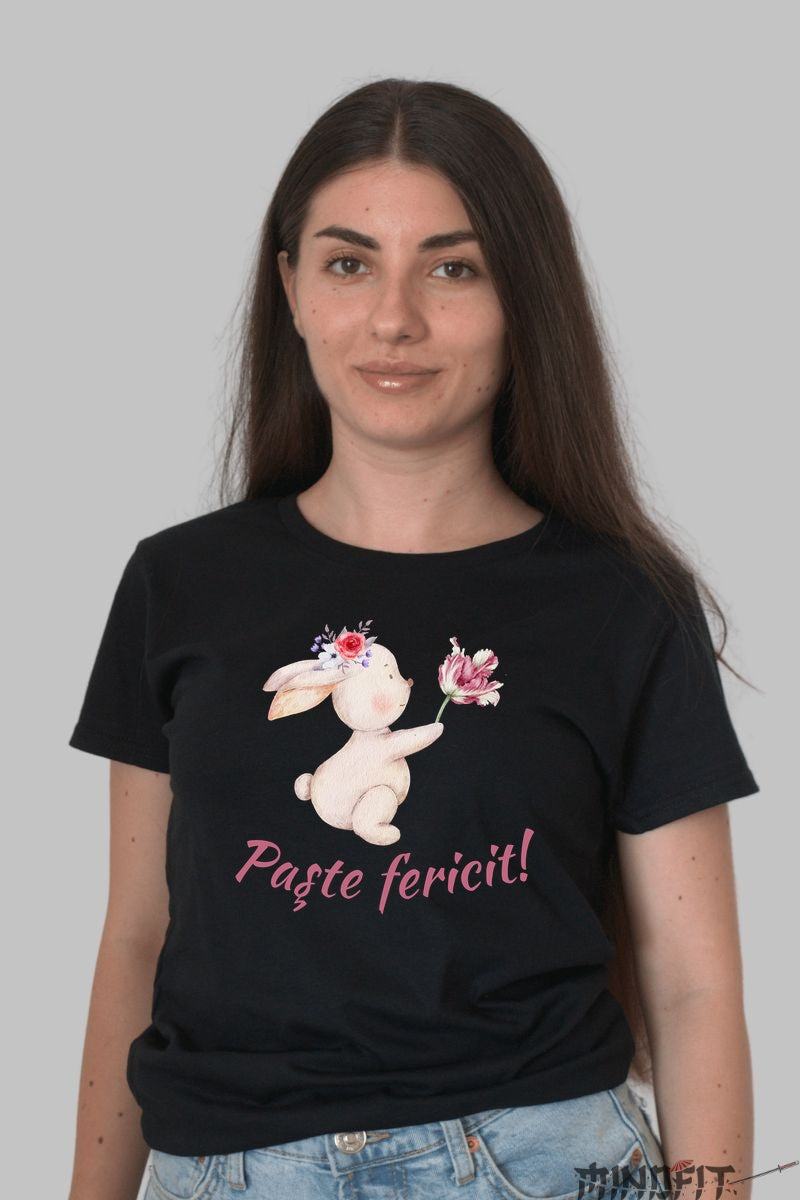 Tricou Paste Fericit - Iepuras Ce Daruieste Flori Dama Negru
