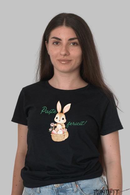 Tricou Paste Fericit - Iepuras Cu Cosul De Oua Pregatit Dama Negru