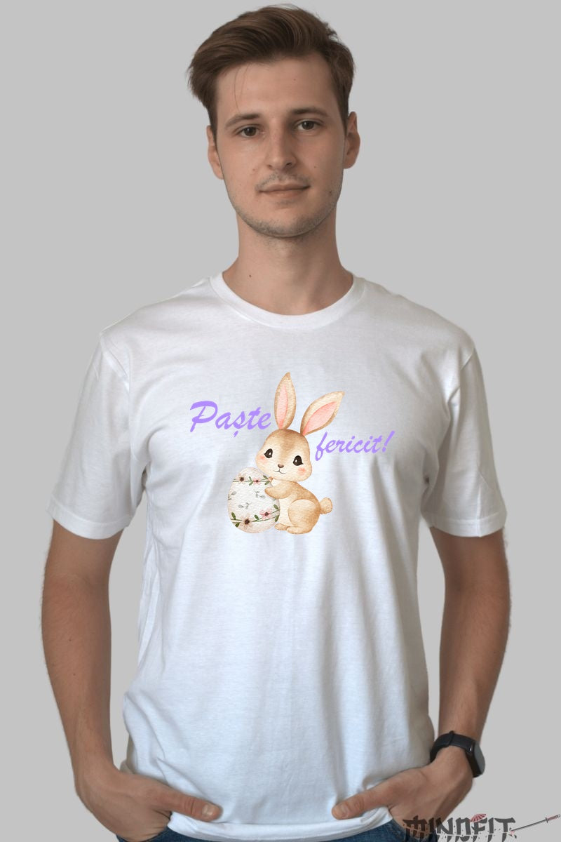 Tricou Paste Fericit - Iepuras Cu Oul Pictat Cu Flori Barbat Alb