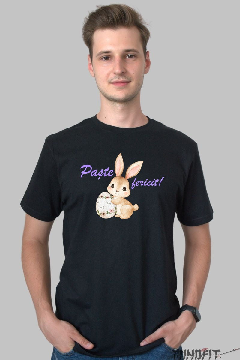 Tricou Paste Fericit - Iepuras Cu Oul Pictat Cu Flori Barbat Negru