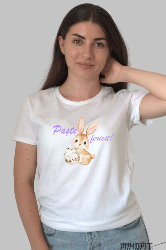 Tricou Paste Fericit - Iepuras Cu Oul Pictat Cu Flori Dama Alb