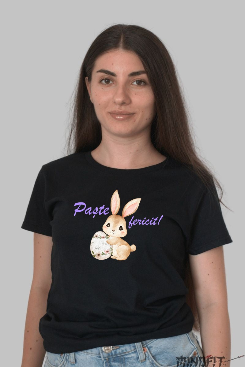 Tricou Paste Fericit - Iepuras Cu Oul Pictat Cu Flori Dama Negru