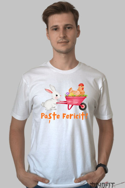 Tricou Paste Fericit - Iepuras cu roaba Barbat Alb