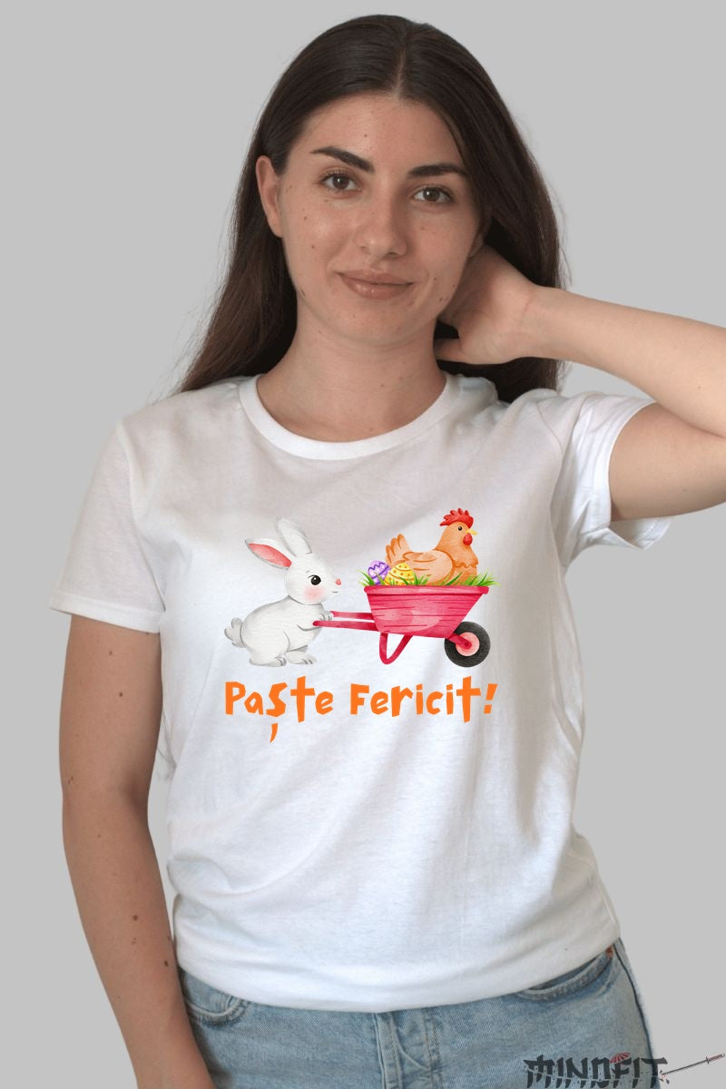 Tricou Paste Fericit - Iepuras cu roaba Dama Alb