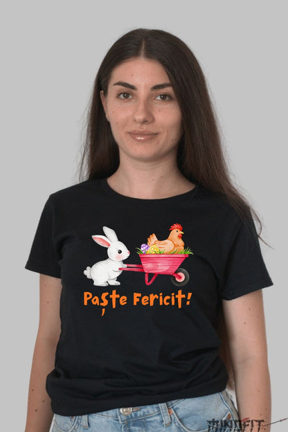 Tricou Paste Fericit - Iepuras cu roaba Dama Negru