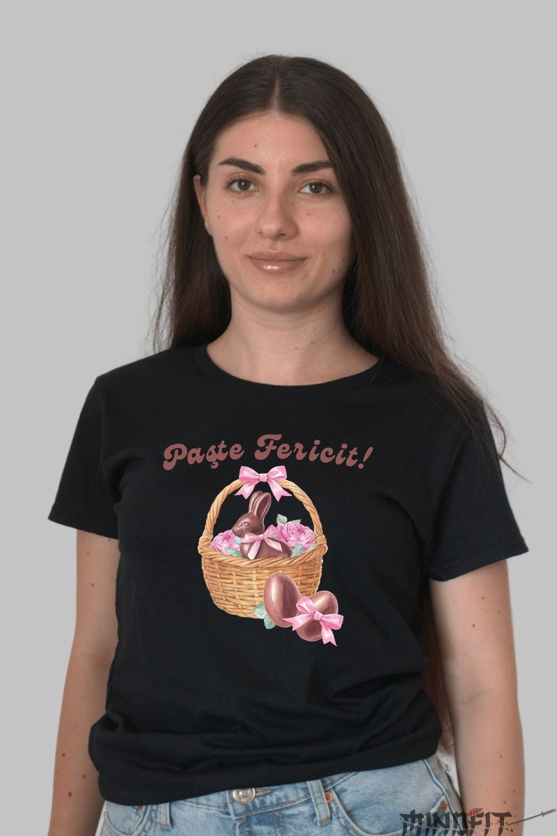 Tricou Paste Fericit - Iepuras Din Ciocolata Dama Negru