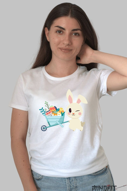 Tricou Paste Fericit - Iepuras Dragalas Ce Ofera Oua Dama Alb