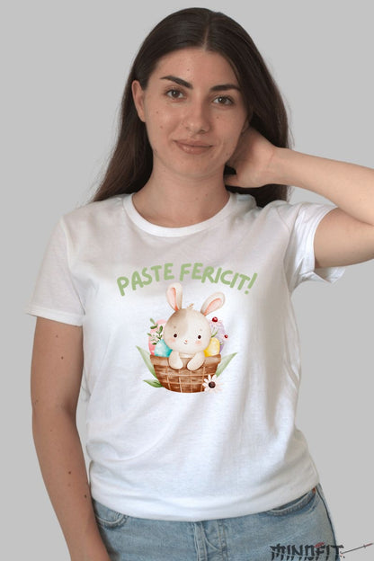 Tricou Paste Fericit - Iepuras Dragalas In Cosul Cu Oua Dama Alb