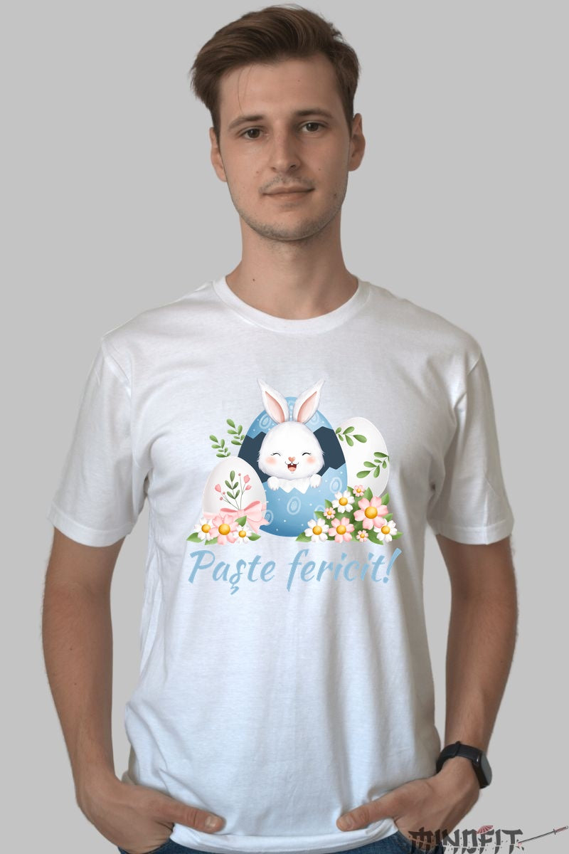 Tricou Paste Fericit - Iepuras Dragalas In Oul Albastru Barbat Alb