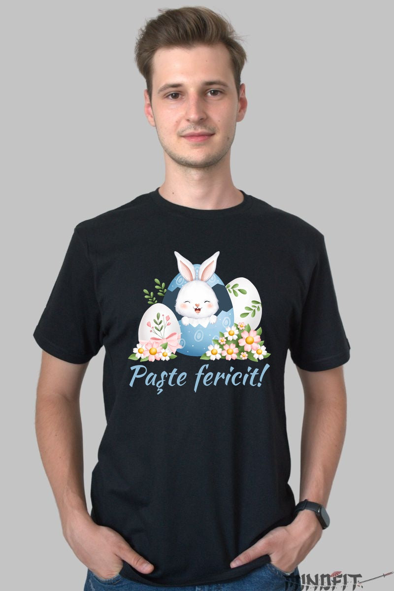 Tricou Paste Fericit - Iepuras Dragalas In Oul Albastru Barbat Negru