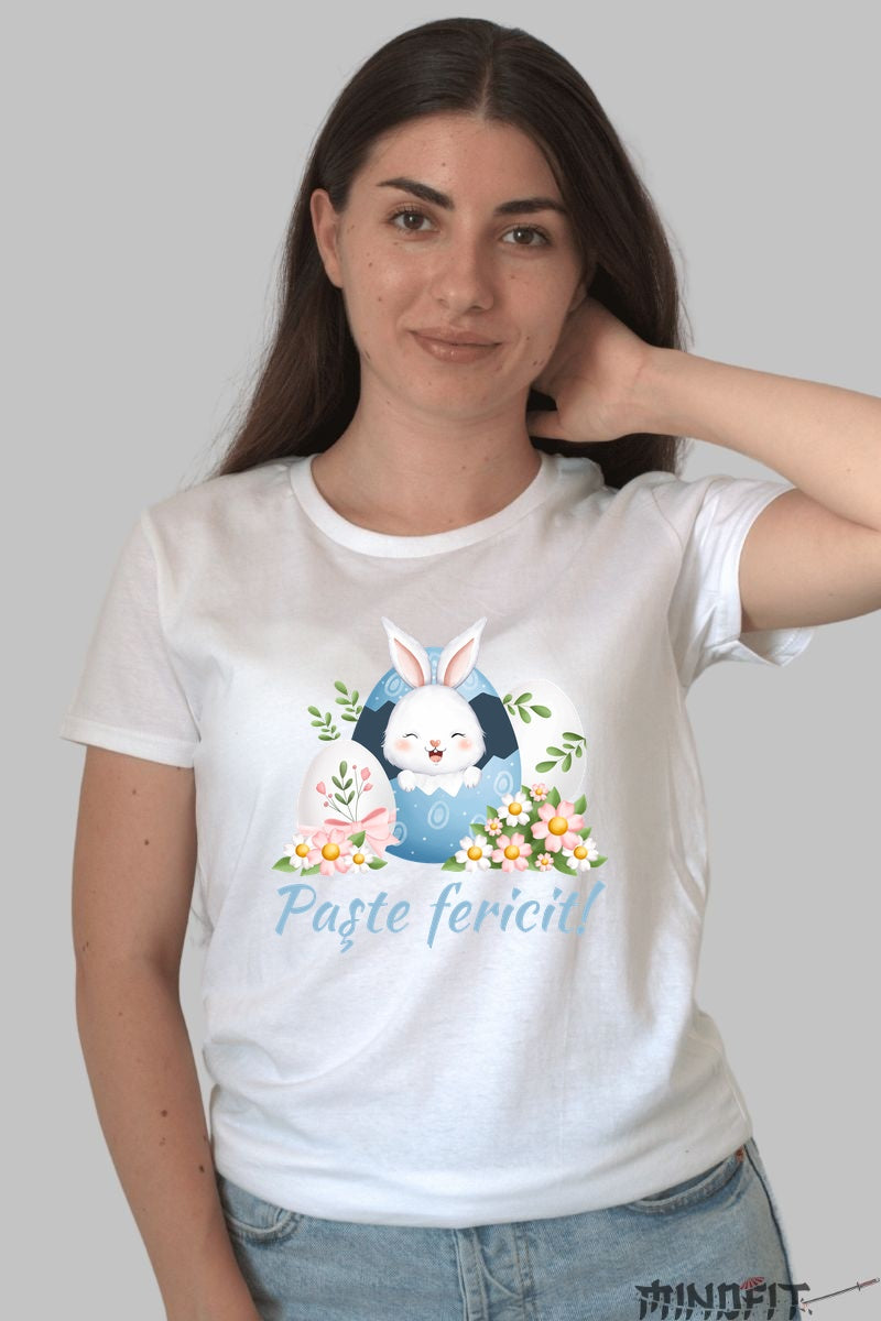 Tricou Paste Fericit - Iepuras Dragalas In Oul Albastru Dama Alb