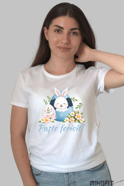 Tricou Paste Fericit - Iepuras Dragalas In Oul Albastru Dama Alb