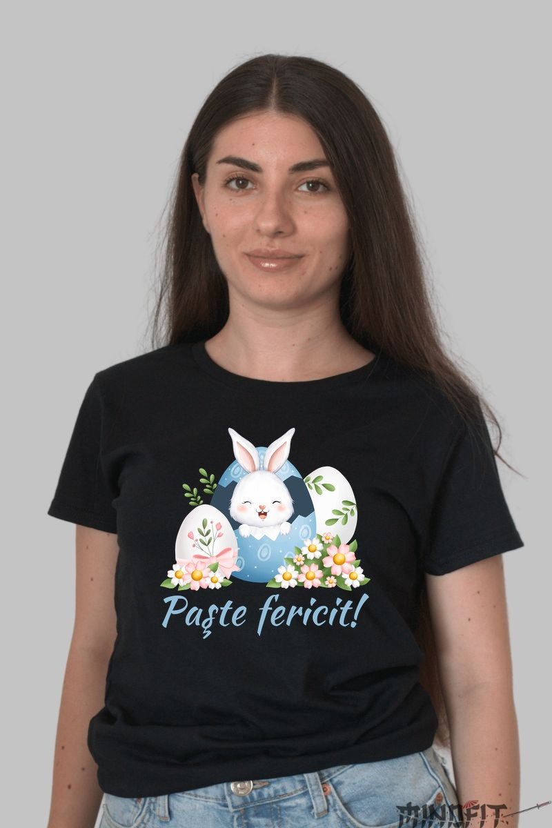 Tricou Paste Fericit - Iepuras Dragalas In Oul Albastru Dama Negru