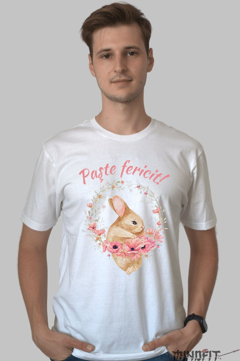 Tricou Paste Fericit - Iepuras Dragalas Si O Coronita Cu Flori Barbat Alb