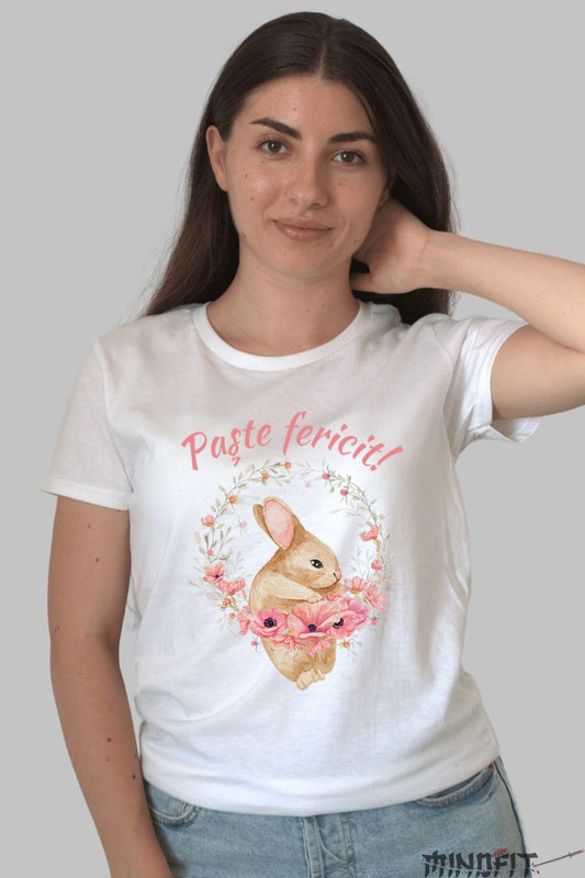 Tricou Paste Fericit - Iepuras Dragalas Si O Coronita Cu Flori Dama Alb