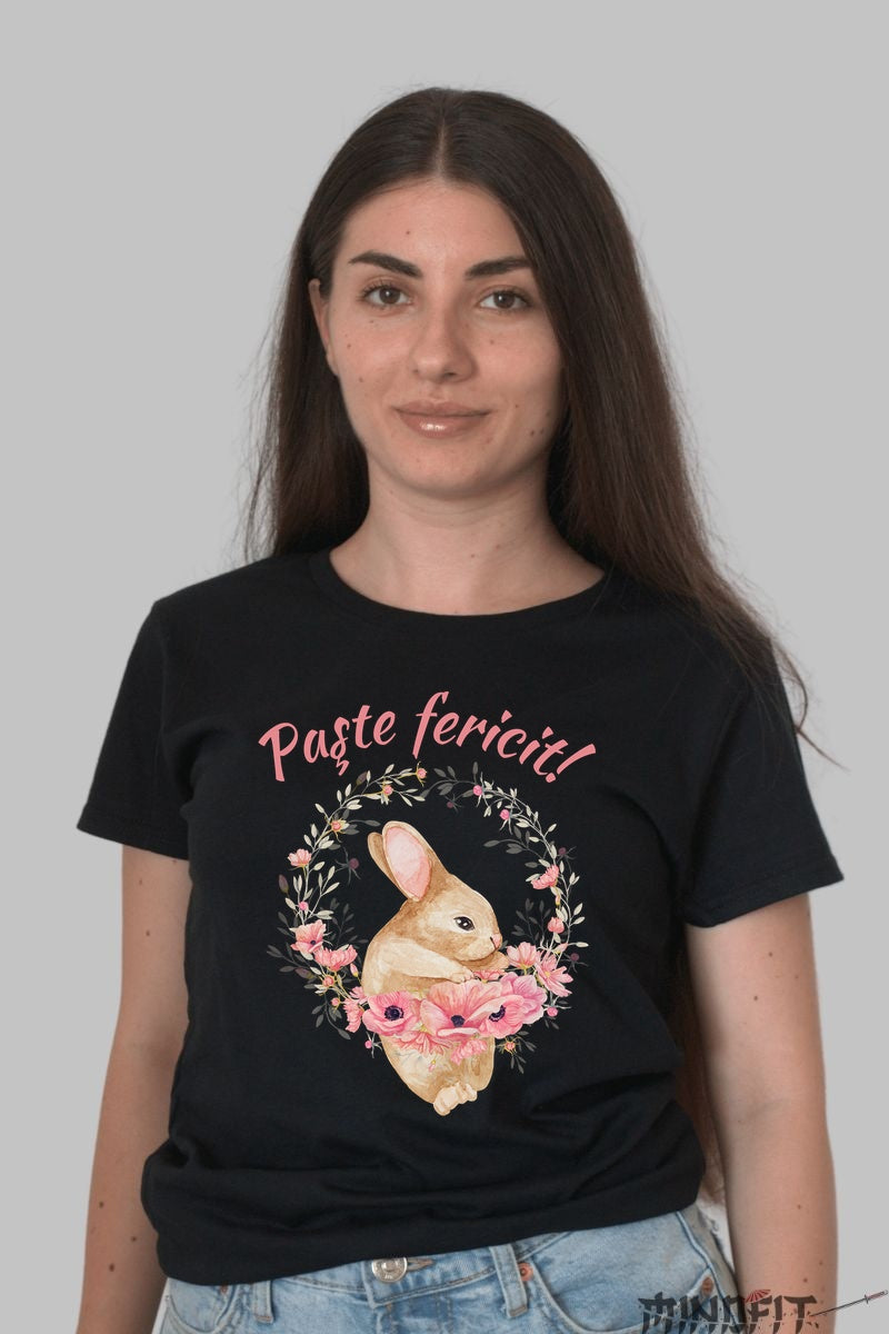 Tricou Paste Fericit - Iepuras Dragalas Si O Coronita Cu Flori Dama Negru