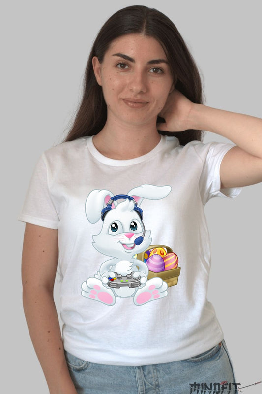 Tricou Paste Fericit - Iepuras Gamer Printre Oua Dama Alb