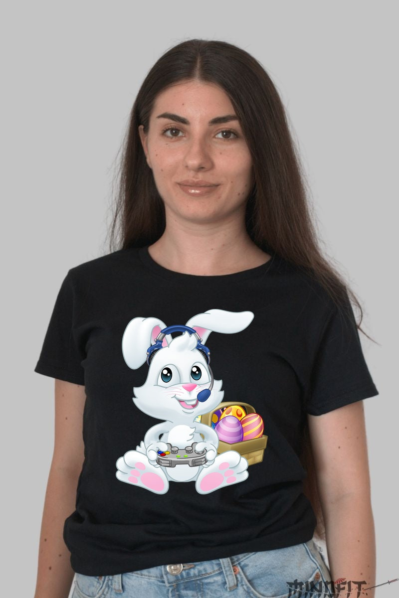 Tricou Paste Fericit - Iepuras Gamer Printre Oua Dama Negru