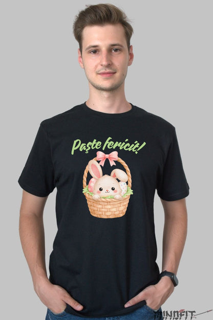 Tricou Paste Fericit - Iepuras In Cosul De Oua Cu Funda barbat negru