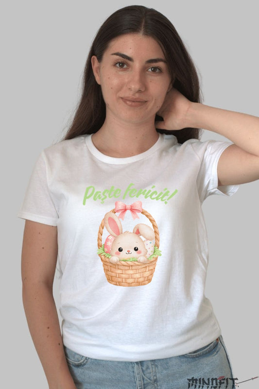 Tricou Paste Fericit - Iepuras In Cosul De Oua Cu Funda Dama Alb
