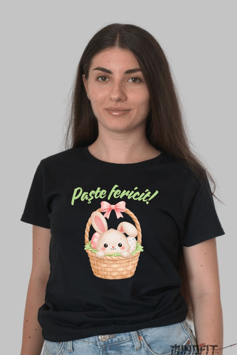 Tricou Paste Fericit - Iepuras In Cosul De Oua Cu Funda Dama Negru