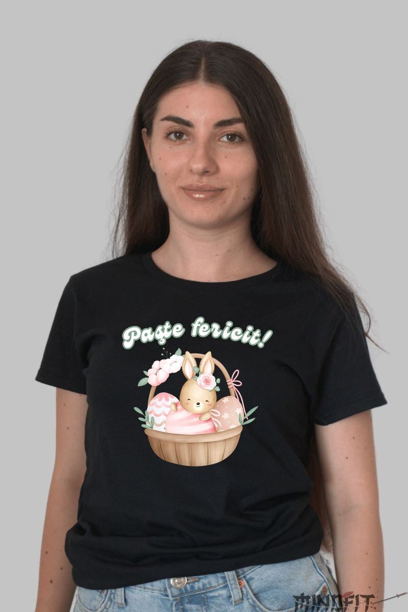 Tricou Paste Fericit - Iepuras In Cosul De Oua Impodobit Dama Negru
