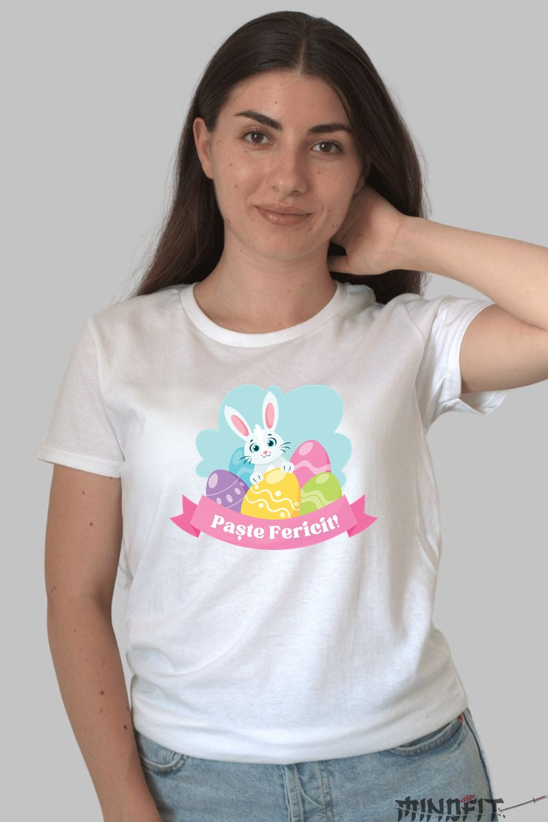 Tricou Paste Fericit - Iepuras In Decor Colorat Dama Alb