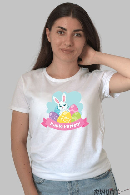 Tricou Paste Fericit - Iepuras In Decor Colorat Dama Alb