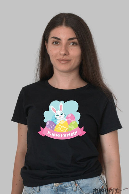 Tricou Paste Fericit - Iepuras In Decor Colorat Dama Negru