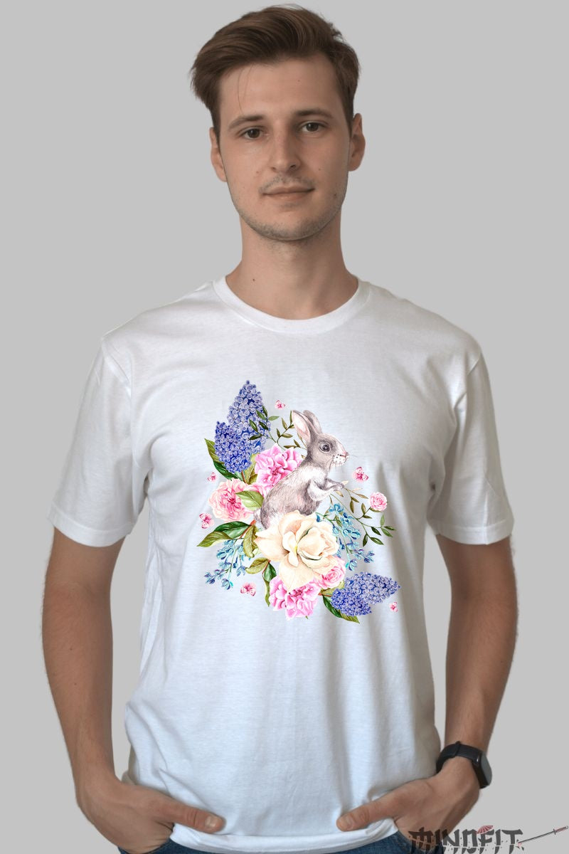 Tricou Paste Fericit - Iepuras Inconjurat de Flori Barbat Alb