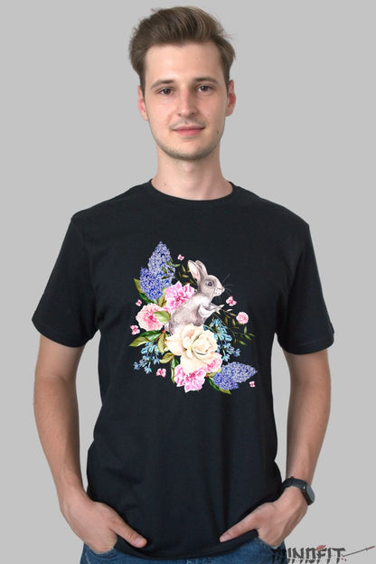 Tricou Paste Fericit - Iepuras Inconjurat de Flori Barbat Negru