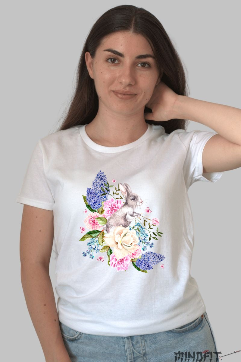 Tricou Paste Fericit - Iepuras Inconjurat de Flori Dama Alb