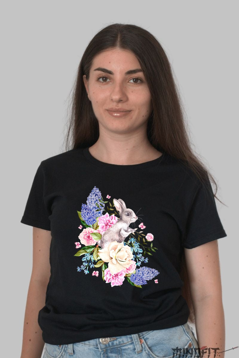 Tricou Paste Fericit - Iepuras Inconjurat de Flori Dama Negru