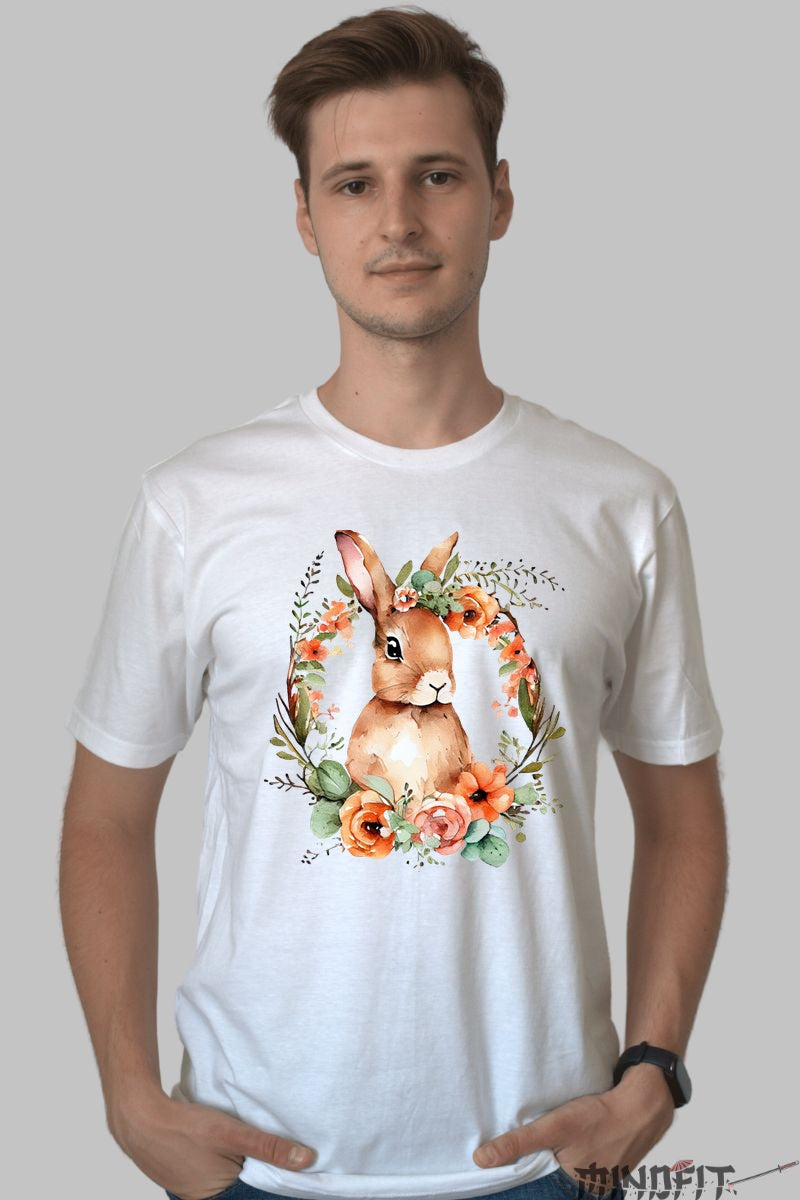 Tricou Paste Fericit - Iepuras Intre Flori Barbat Alb
