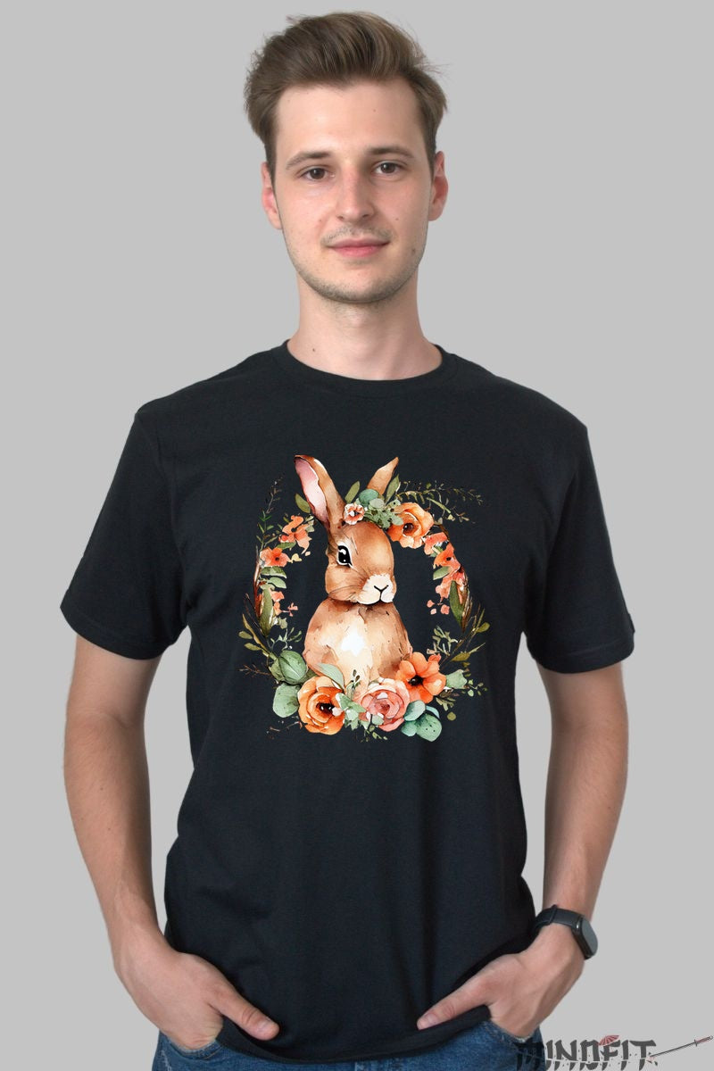 Tricou Paste Fericit - Iepuras Intre Flori Barbat Negru