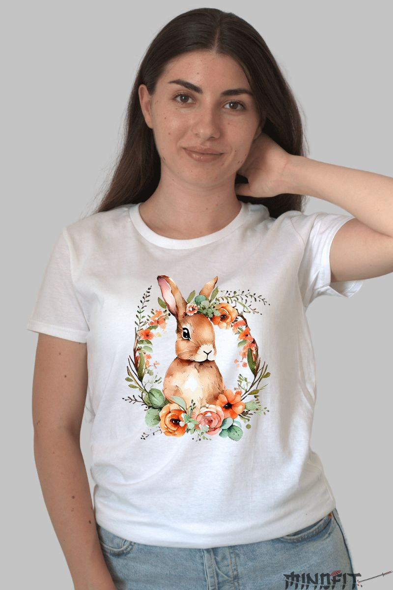 Tricou Paste Fericit - Iepuras Intre Flori Dama Alb