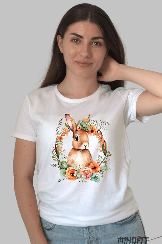 Tricou Paste Fericit - Iepuras Intre Flori Dama Alb