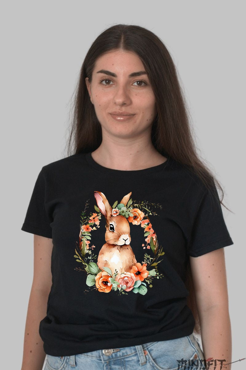 Tricou Paste Fericit - Iepuras Intre Flori Dama Negru