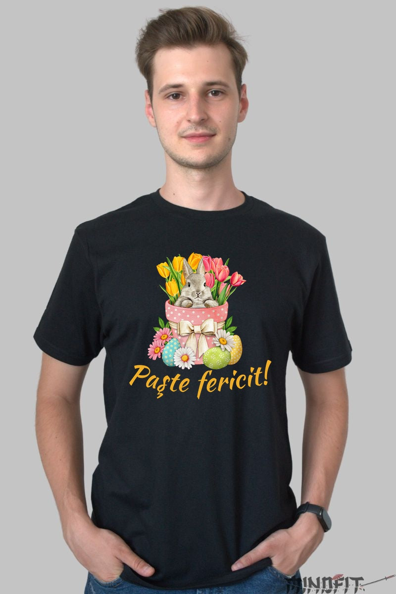Tricou Paste Fericit - Iepuras Intre Lalele Barbat Negru