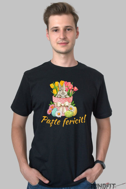 Tricou Paste Fericit - Iepuras Intre Lalele Barbat Negru