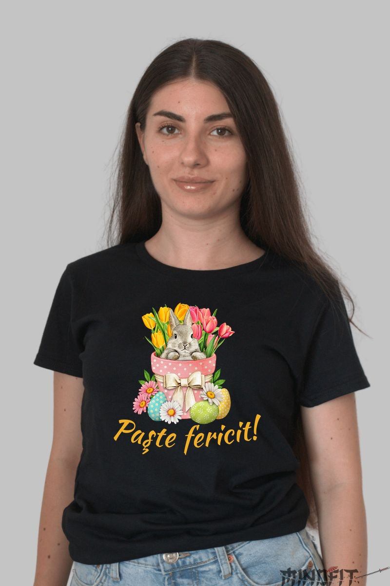 Tricou Paste Fericit - Iepuras Intre Lalele Dama Negru
