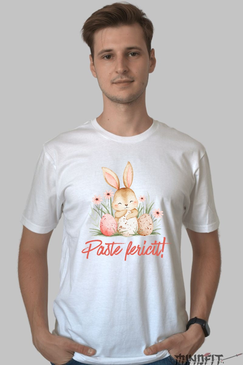 Tricou Paste Fericit - Iepuras Intre Oua Si Flori Barbat Alb